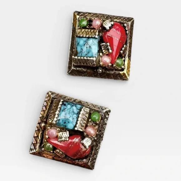 SELRO SELINI Vintage Multicolor Glass Cabochon Panel Bracelet and Earrings Set. - Picture 11 of 16